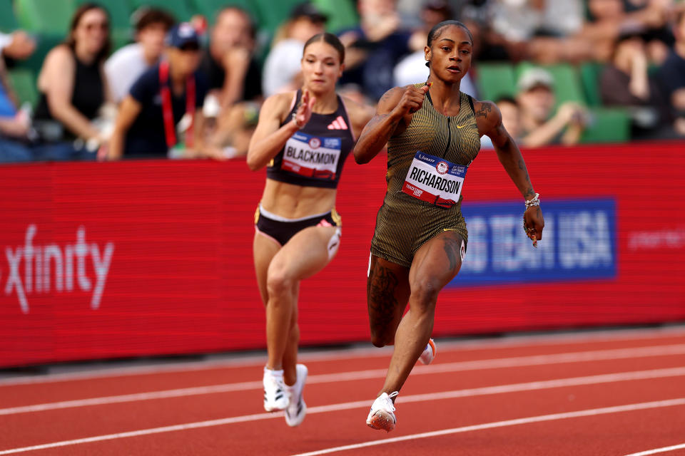 EUGENE, OREGON - JUNE 27: Kennedy Blackmon and Sha'Carri Richardson compete in the first round of the women's 200 meters on Day Seven of the 2024 U.S. Olympic Team Track & Field Trials at Hayward Field on June 27, 2024 in Eugene, Oregon. (Photo by Patrick Smith/Getty Images)