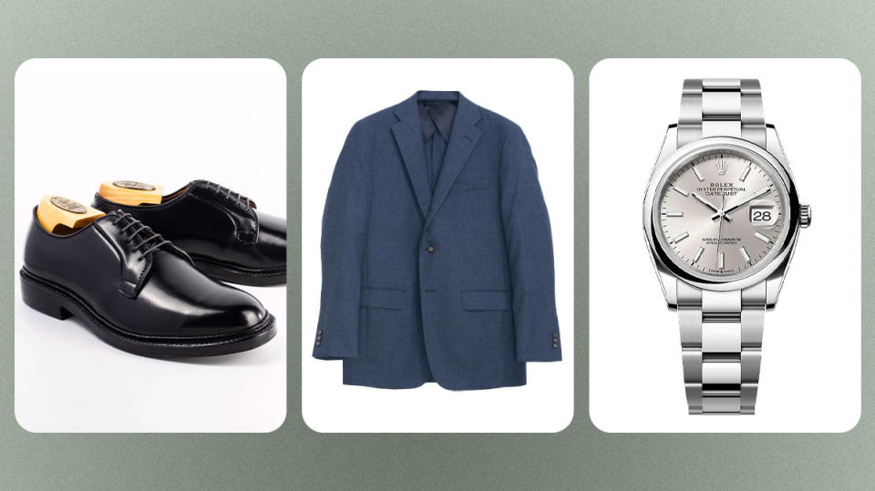 Alden Plain-Toe Blucher; J Press suit; Rolex 36mm Datejust in steel.