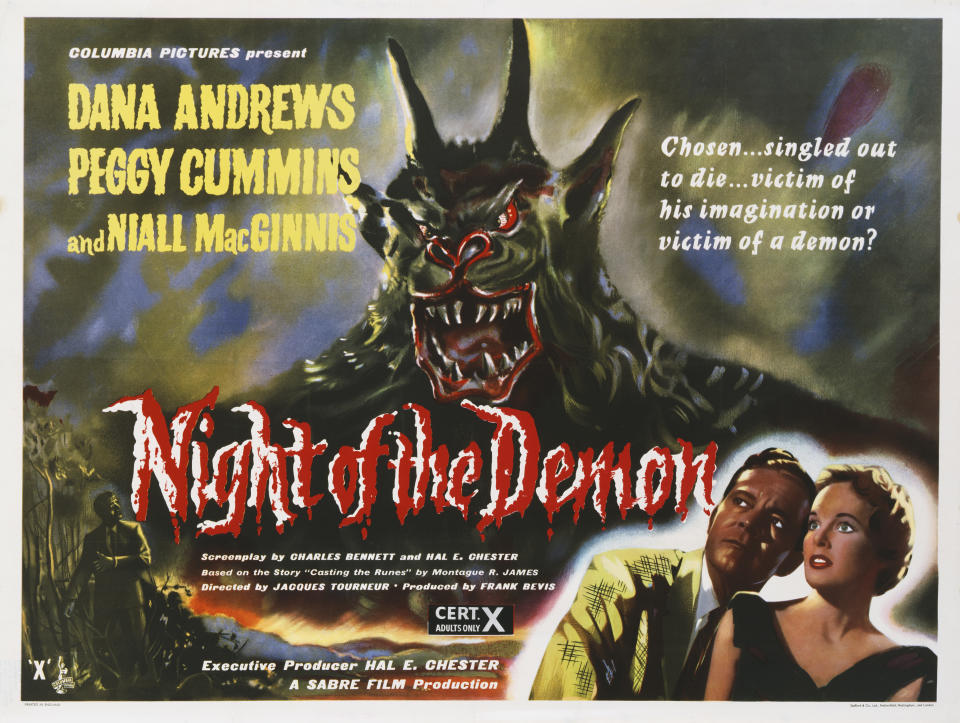 A poster for Jacques Tourneur's 1957 horror 'Night of the Demon' (aka 'Curse of the Demon) starring Dana Andrews and Peggy Cummins.   (Photo by Movie Poster Image Art/Getty Images)