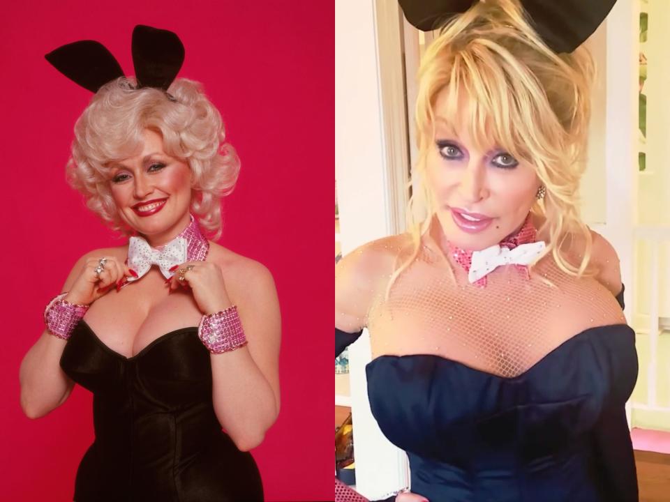 Left: Dolly Parton's original Playboy cover, wearing bunny ears and a corset. Right: Her recreation.