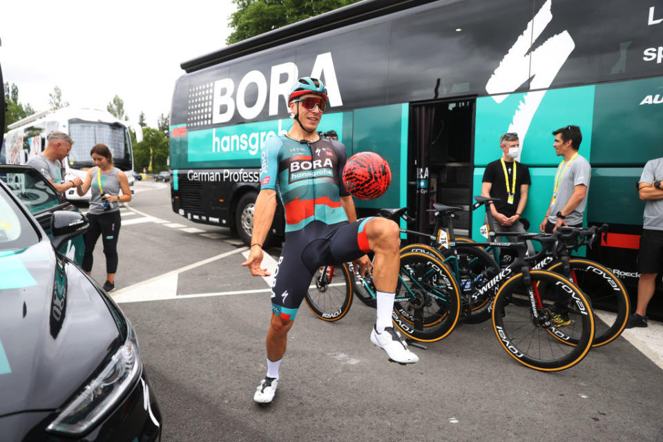 VITORIAGASTEIZ SPAIN  JULY 02 Danny Van Poppel of The Netherlands and Team BORAHansgrohe kicks a Athletic Club Football club ball prior to the stage two of the 110th Tour de France 2023 a 2089km stage from VitoriaGasteiz to San Sbastin  UCIWT  on July 02 2023 in VitoriaGasteiz Spain Photo by Michael SteeleGetty Images