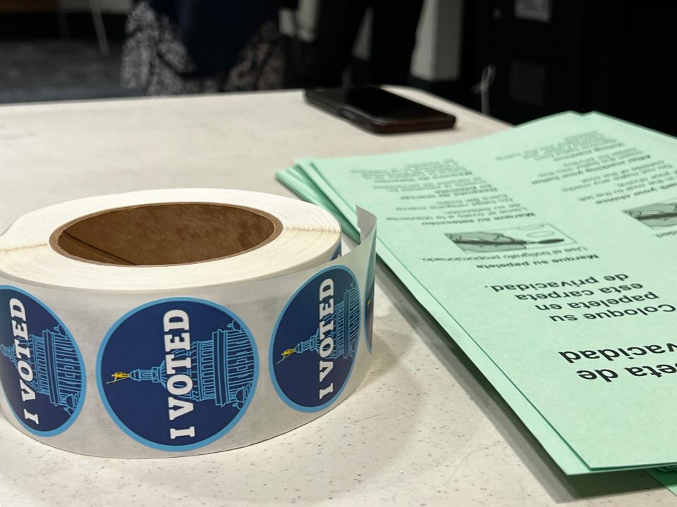 "I voted" stickers wait for voters at the Newport Public Library during the 1st Congressional District primary on Tuesday, Sept. 5, 2023.