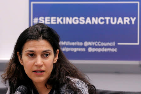 Avideh Moussavian, a Policy Attorney for the National Immigration Law Center, speaks during a panel discussion promoting 'Justice and Equity in an Era of Indiscriminate Enforcement and Fear' at the National Conference on Sanctuary Cities in New York City, U.S., March 28, 2017. REUTERS/Lucas Jackson