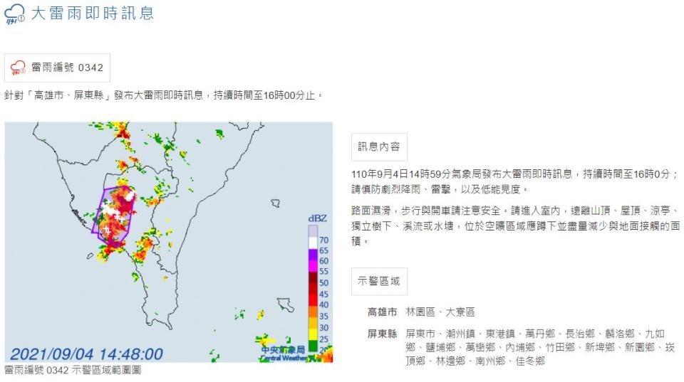 氣象局對高雄市、屏東縣發布大雷雨即時訊息。   圖：中央氣象局/提供