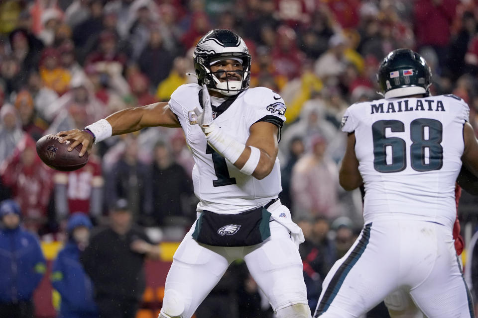 Philadelphia Eagles quarterback Jalen Hurts throws during the first half of an NFL football game against the Kansas City Chiefs, Monday, Nov. 20, 2023, in Kansas City, Mo. (AP Photo/Ed Zurga)