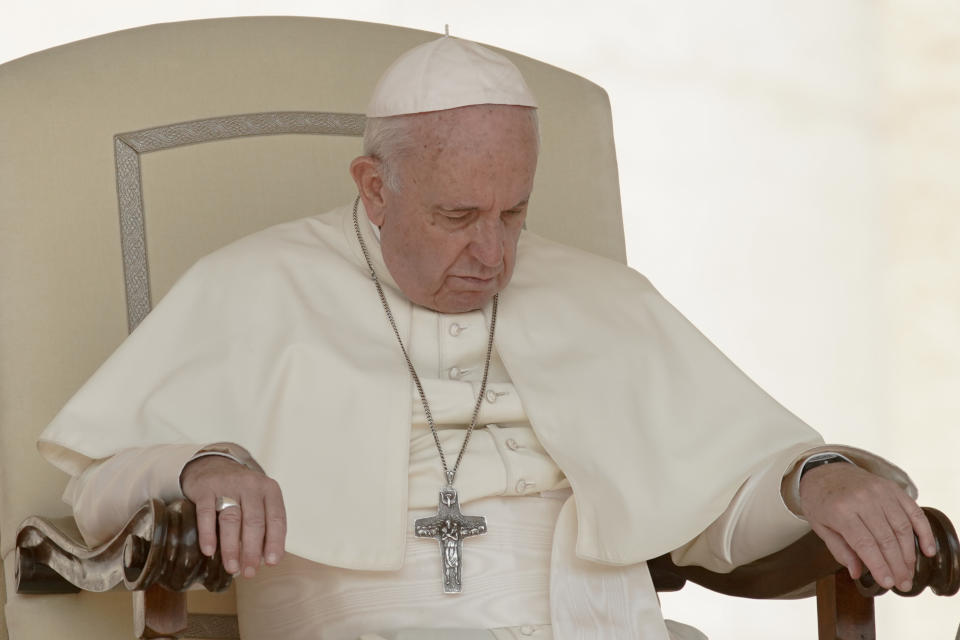 Pope Francis sits in pensive mood during his weekly general audience, at the Vatican, Wednesday, Aug. 29, 2018. Pope Francis lamented Wednesday how Irish church authorities failed to respond to the crimes of sexual abuse, speaking during his first public appearance at the Vatican after bombshell accusations that he himself covered up for an American cardinal's misdeeds. (AP Photo/Andrew Medichini)