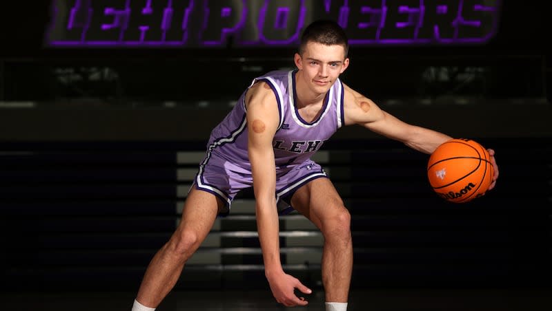 Mr. Basketball Cooper Lewis poses for a portrait at Lehi High School in Lehi on Thursday, March 14, 2024.