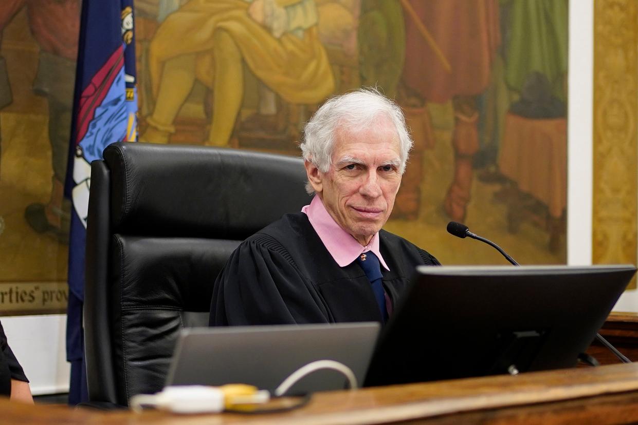 Judge Arthur Engoron, sit on the bench inside New York Supreme Court, Tuesday, Oct. 10, 2023, in New York. Authorities on Thursday, Jan. 11, 2024, have responded to a bomb threat at the home of Engoron, who is overseeing Donald Trump's New York civil fraud trial. They found no bomb and and the trial's closing arguments are to proceed normally.