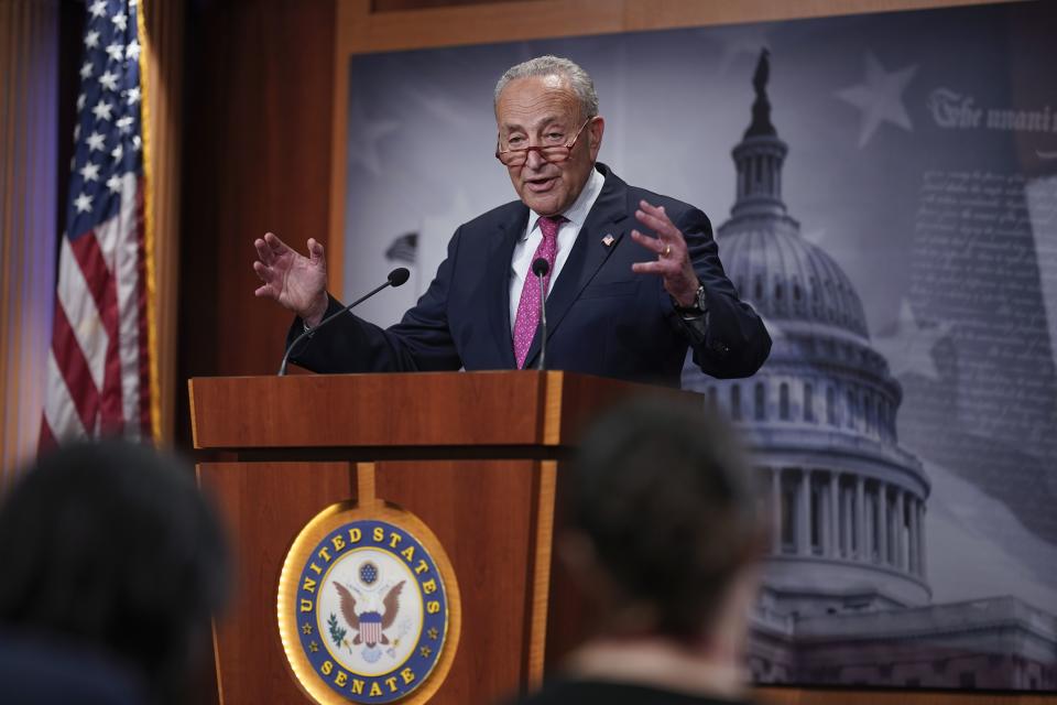 Senate Majority Leader Chuck Schumer, D-N.Y., speaks to reporters after a hectic series of amendment votes and final passage on the big debt ceiling and budget cuts package, at the Capitol in Washington, Thursday, June 1, 2023. The legislation now goes to President Joe Biden’s desk to become law before the fast-approaching default deadline. | J. Scott Applewhite, Associated Press