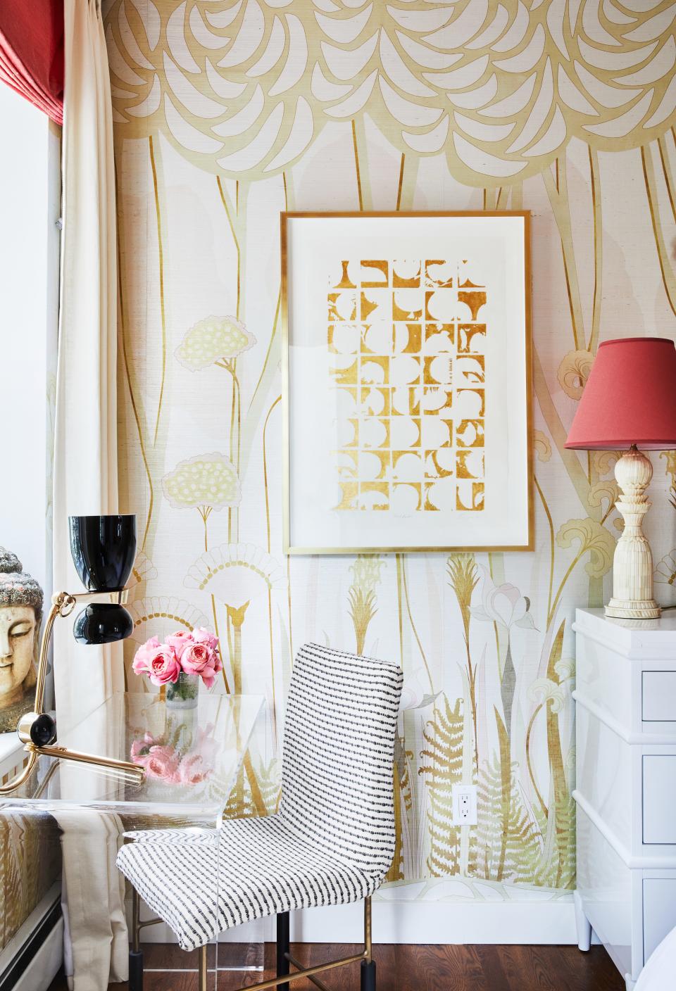 A lucite console serves as a desk space in front of Courtney's bedroom window.