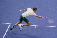 Daniil Medvedev, of Russia, returns a shot to Dominik Koepfer, of Germany, during the second round of the US Open tennis championships, Wednesday, Sept. 1, 2021, in New York. (AP Photo/Seth Wenig)