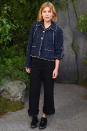 <p><strong>3 October</strong> Clemence Poesy opted for a navy textured blazer with black trousers and brogues for the show. </p>