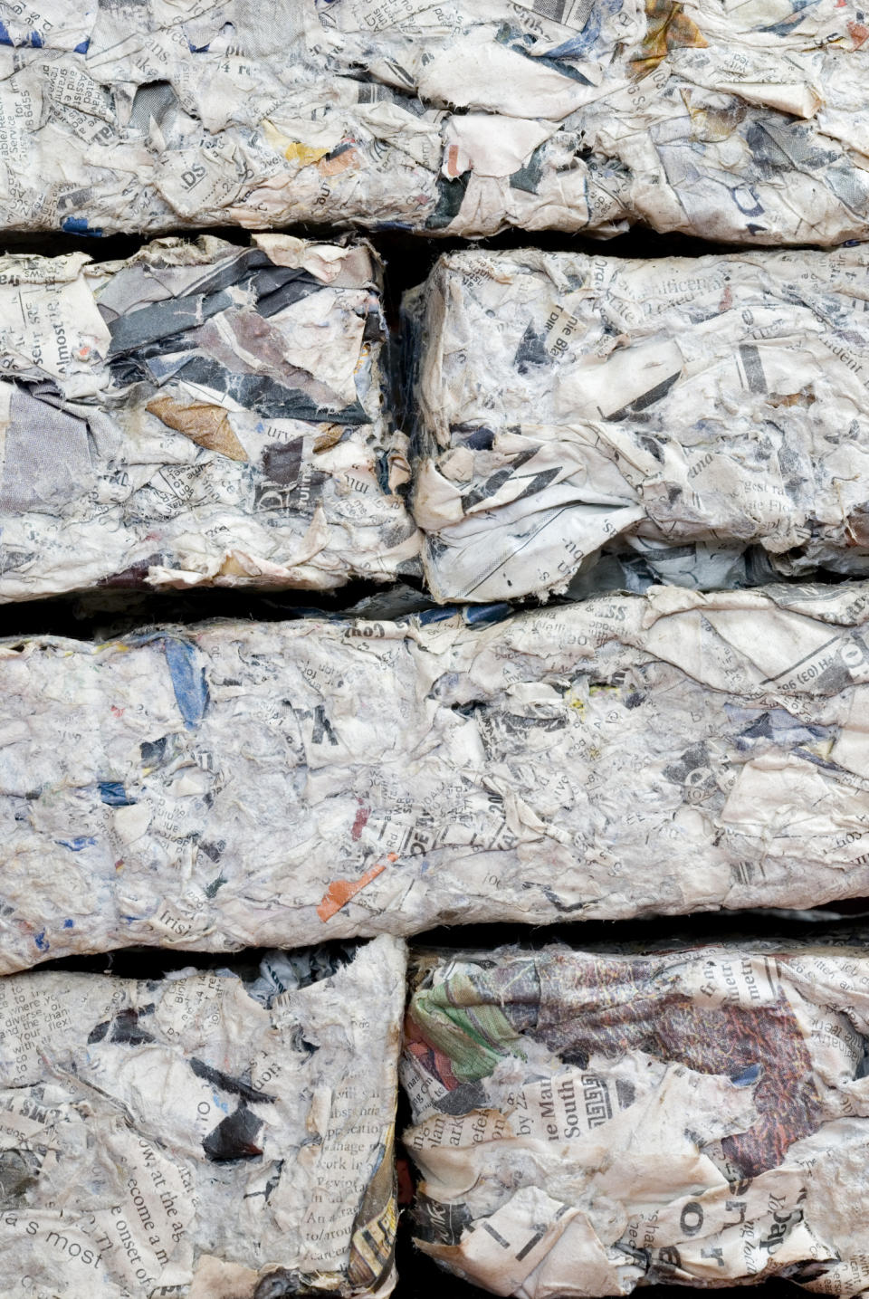 Compressed stacks of shredded paper and newspapers packed tightly together