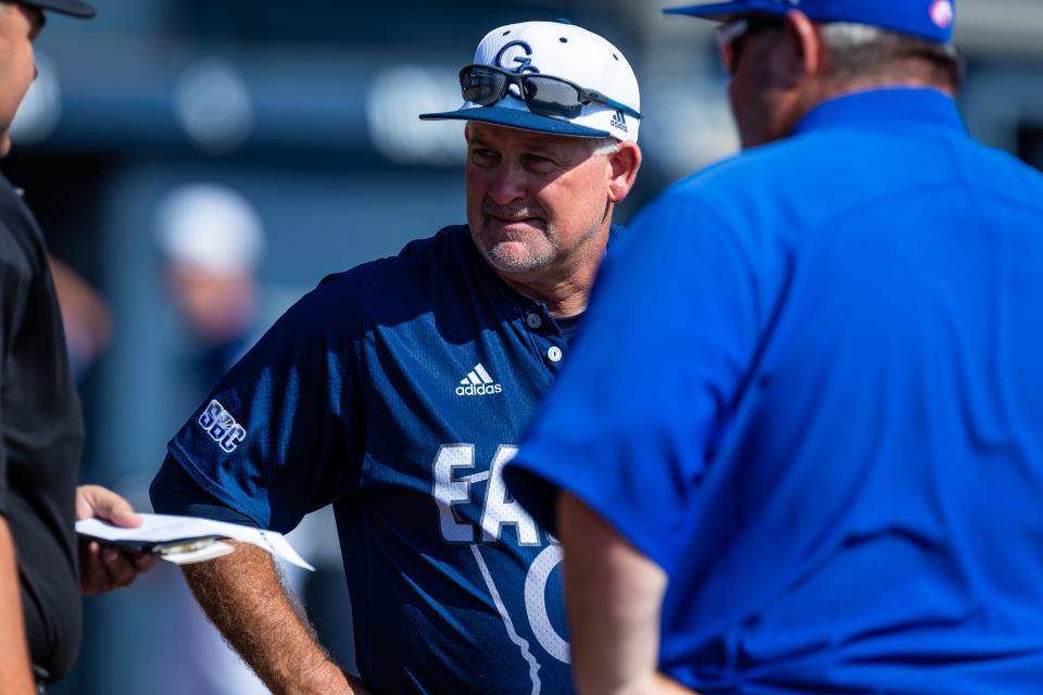 Georgia Southern head coach Rodney Hennon in the umpire's meeting before Game 3 against UT-Arlington during the regular season on May 21, 2022 on Jack Stallings Field at J.I. Clements Stadium in Statesboro.
