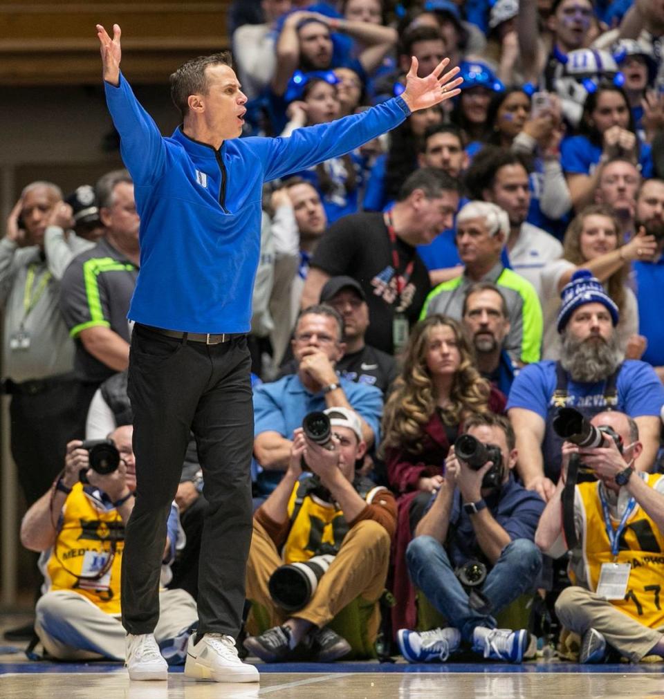 Duke coach Jon Scheyer reacts to a call against his team in the second half against North Carolina on Saturday, February 4, 2023 at Cameron Indoor Stadium in Durham, N.C.