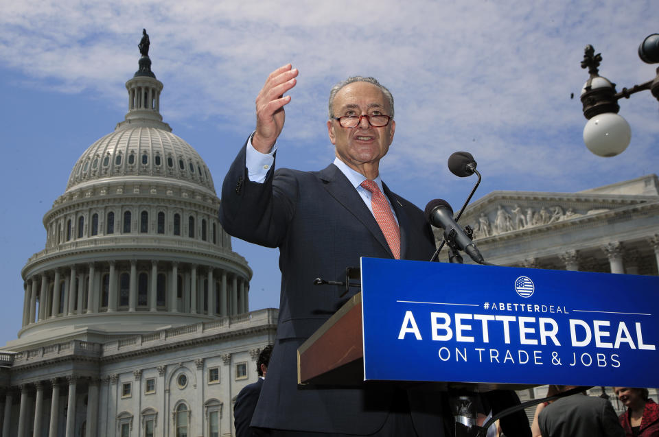 Senate Minority Leader Chuck Schumer on Aug. 2, unveiling “A Better Deal on Trade & Jobs.” (Photo: Manuel Balce Ceneta/AP)