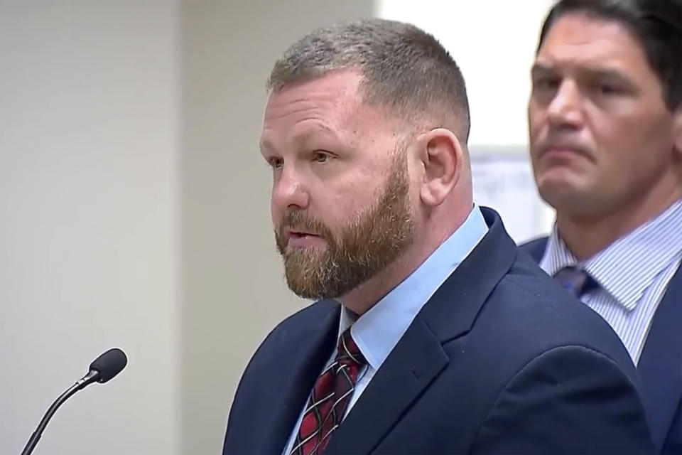 Colorado ex-police officer Randy Roedema speaks on his behalf during sentencing at the Adams County Court, Friday, Jan. 5, 2024, in Brighton, Colorado. Roedema was convicted of killing Elijah McClain, a young Black man walking home from a store, is expected to learn Friday whether a judge will sentence him to prison or he will receive probation. (ABC News One/Pool via AP)