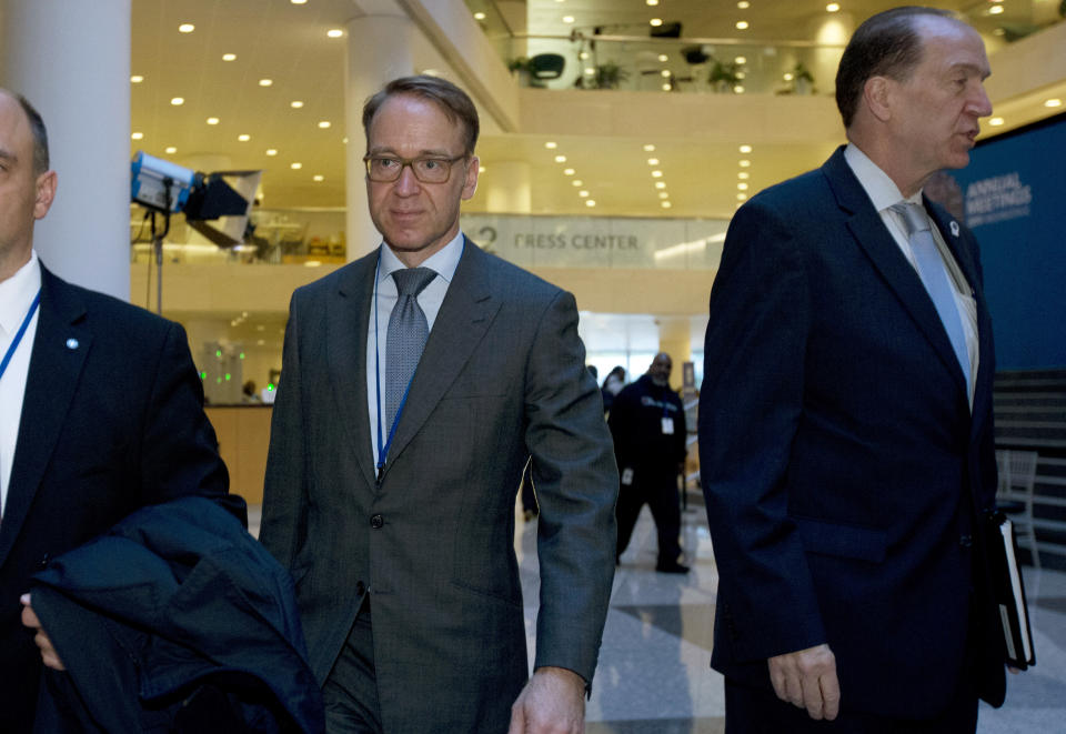 Bundesbank President Jens Weidmannna, left and World Bank President David Malpass arrives for the International Monetary and Financial Committee breakfast meeting, during the World Bank/IMF Annual Meetings in Washington, Saturday, Oct. 19, 2019. (AP Photo/Jose Luis Magana)