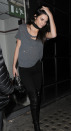 <p>Kendall leaves dinner in a basic distressed tee, selling for $459.44. <i>(Photo: Splash News)</i> </p>