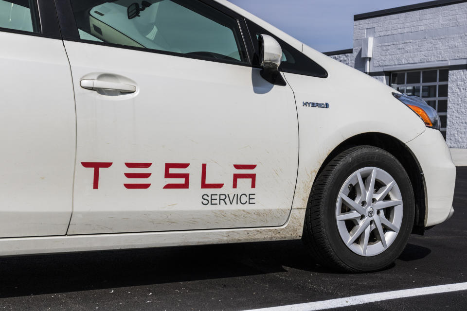 Indianapolis - Circa April 2017: Tesla Service Vehicle. Ironically, Tesla uses a Toyota Prius Hybrid Vehicle for a service car V