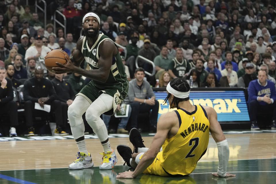 Milwaukee Bucks' Patrick Beverley shoots past Indiana Pacers' Andrew Nembhard during the first half of Game 5 of the NBA playoff basketball series Tuesday, April 30, 2024, in Milwaukee. (AP Photo/Morry Gash)