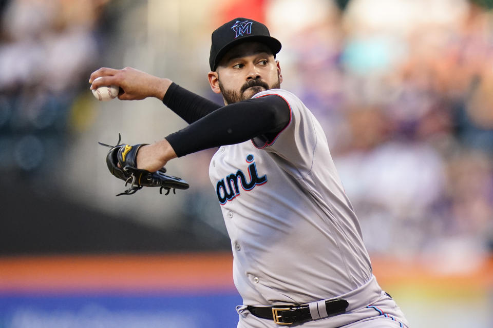 Miami Marlins' Pablo Lopez pitches during the first inning of a baseball game against the New York Mets, Friday, June 17, 2022, in New York. (AP Photo/Frank Franklin II)