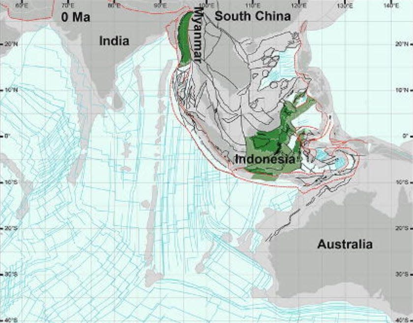 A diagram shows the location of Argoland on a map. The microcontinent is shown under the east side of Indonesia.