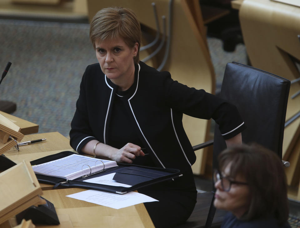 Scotland's First Minister Nicola Sturgeon during First Minster's Questions (FMQ's) in the debating chamber of the Scottish Parliament in Edinburgh.