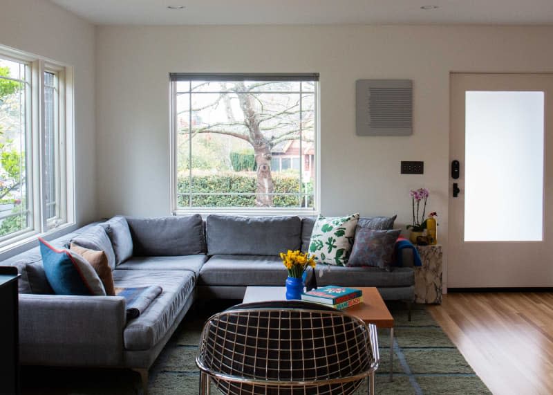 Grey section in newly renovated living room.