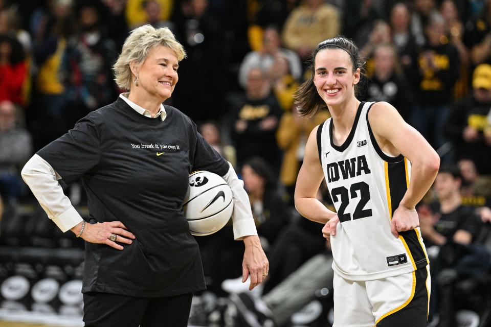 Iowa coach Lisa Bluder says of Caitlin Clark in this NCAA Tournament: "She's keeping her composure extremely well ... not letting other people kind of get into her head."