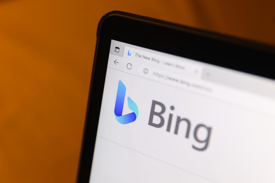 Bing logo displayed on a laptop screen is seen in this illustration photo taken in Krakow, Poland on February 7, 2023. (Photo by Jakub Porzycki/NurPhoto via Getty Images)