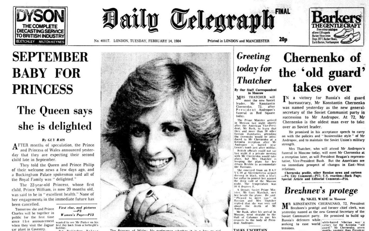 The Daily Telegraph front page dated Tuesday February 14th, 1984, carrying the announcement that Diana, Princess of Wales, was expecting her second child.