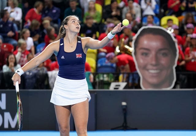 Jodie Burrage serves against Sweden’s Kajsa Rinaldo Persson