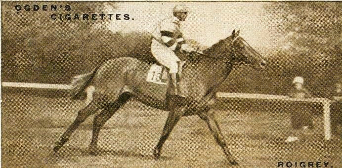 Race horse and jockey featured on old cigarette promotion card.