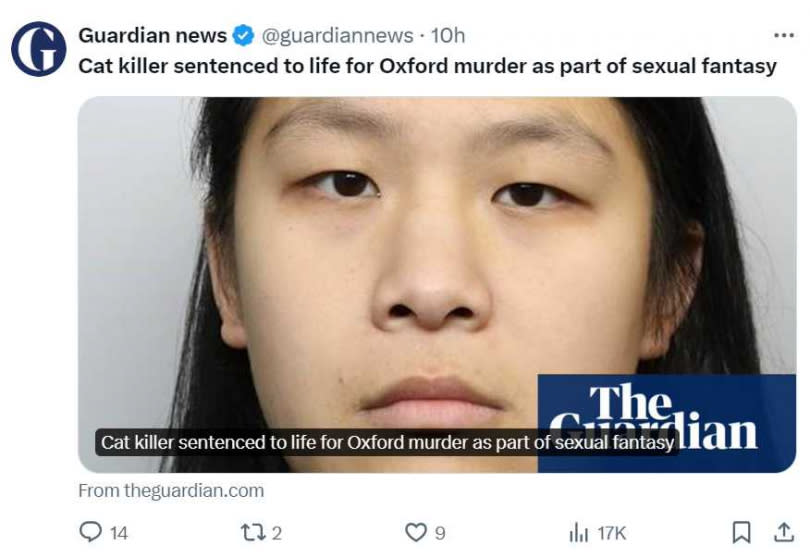 英國一名華裔跨性別女子受到紀錄片「啟發」，先在直播中將小貓放入攪拌機殺害，接著她又誘殺一名30歲工程師。（圖／翻攝自X）
