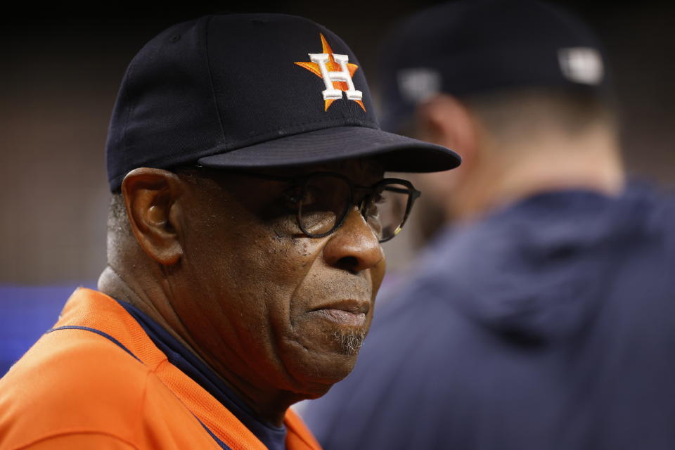 ARLINGTON, TX - OCTOBER 18: Manager Dusty Baker #12 of the Houston Astros looks on during Game 3 of the ALCS between the Houston Astros and the Texas Rangers at Globe Life Field on Wednesday, October 18, 2023 in Arlington, Texas. (Photo by Ron Jenkins/MLB Photos via Getty Images)