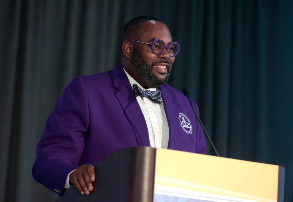 Anthony White, the Eleanor Josaitis Unsung Hero Award winner, talks to the crowd after accepting his award during the ceremony at The Mint at Michigan First Conference Center in Southfield on Thursday, October 5, 2023.