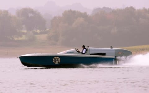 Sir Malcolm Campbell's hydroplane powerboat Bluebird K3 - seen here on Wednesday - set three world water speed records in the late 1930's - Credit: Geoff Pugh/The Telegraph