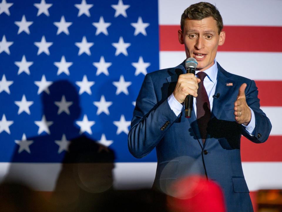 Blake Masters speaks at a campaign event on August 1, 2022 in Phoenix, Arizona.