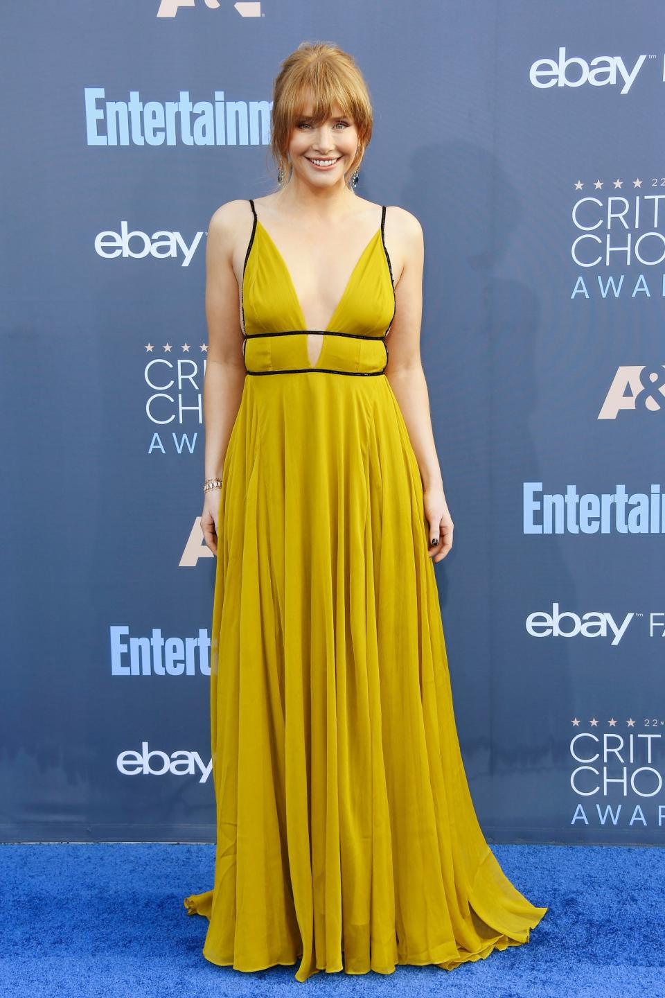 <p>Bryce bought her own dress from Topshop, choosing a mustard yellow design. <i>[Photo: Getty]</i> </p>