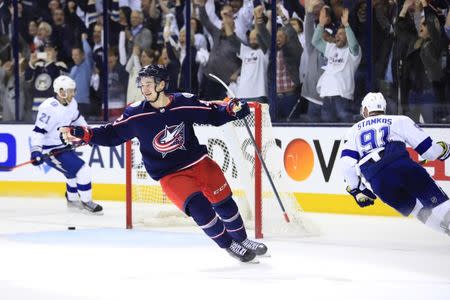 Apr 16, 2019; Columbus, OH, USA; Columbus Blue Jackets center Alexandre Texier (42) celebrates scoring an empty-net goal against the Tampa Bay Lightning in the third period during game four of the first round of the 2019 Stanley Cup Playoffs at Nationwide Arena. Mandatory Credit: Aaron Doster-USA TODAY Sports