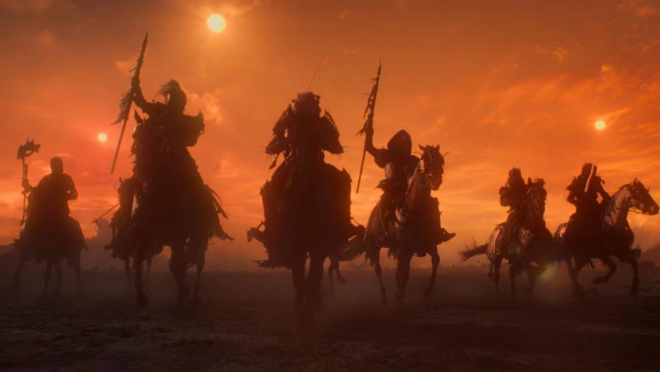 The WIld Hunt, six black ghoulish riders on horseback against an orange sky, on The Witcher