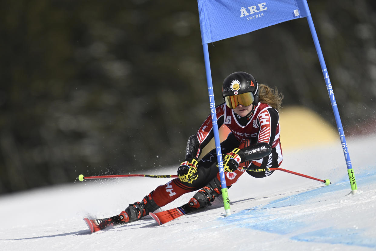 Canada's Valerie Grenier speeds down the course during an alpine ski, women's World Cup giant slalom race, in Are, Sweden, Friday, March 10, 2023. (Pontus Lundahl/TT News Agency via AP)