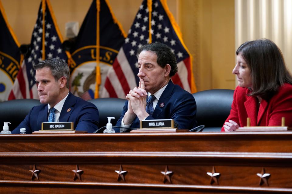 Rep. Adam Kinzinger, R-Ill., Rep. Jamie Raskin, D-Md., and Rep. Elaine Luria, D-Va., listen, as January 6 Committee holds its first public hearing.