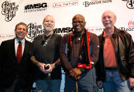 <p>Cablevision Systems Inc. and Madison Square Garden Inc. Chairman James Dolan poses with members of The Allman Brothers Band, Gregg Allman (2nd from L), Jaimoe (C) and Butch Trucks (R) at a news conference to announce a concert run by the band at New York’s Beacon Theatre November 22, 2010. (Mike Segar/Reuters) </p>