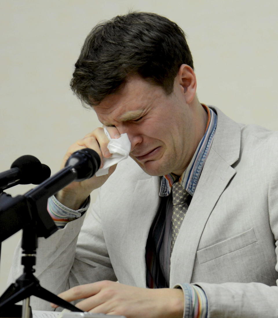 Otto Warmbier reacts at a news conference in this undated photo released by North Korea's Korean Central News Agency (KCNA) in Pyongyang February 29, 2016.&nbsp;