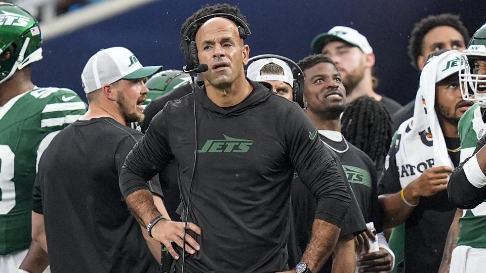 Aug 17, 2024; Charlotte, North Carolina, USA; New York Jets head coach Rober Saleh during the first quarter against the Carolina Panthers at Bank of America Stadium. Mandatory Credit: Jim Dedmon-USA TODAY Sports