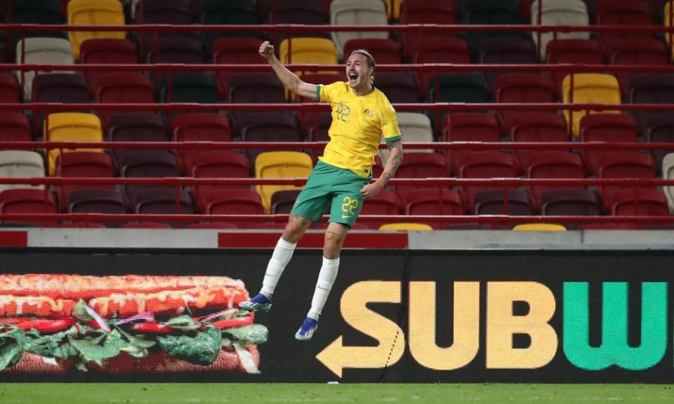 Jackson Irvine celebrates after scoring the Socceroos’ second.