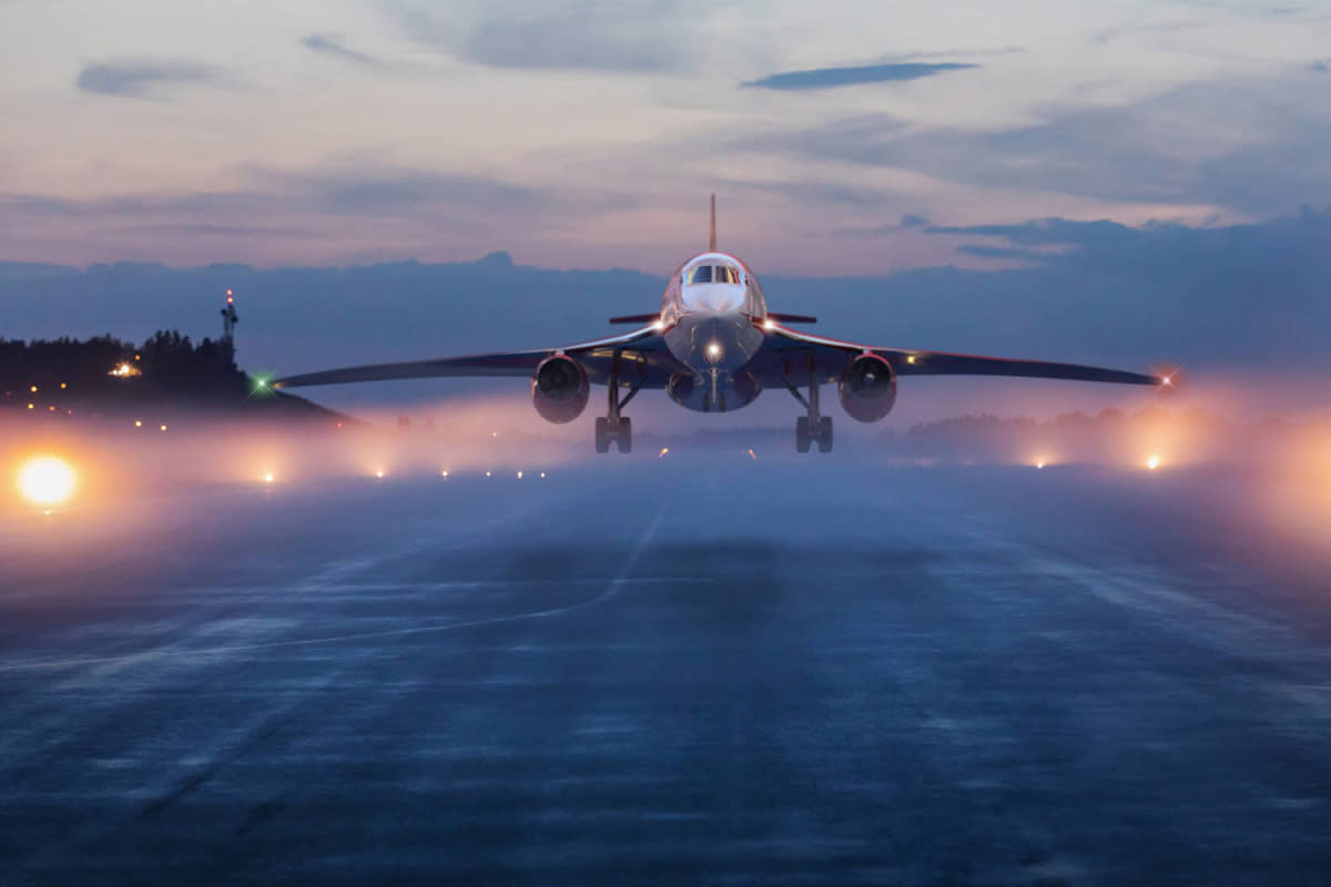 A rendering of Aerion's AS2 supersonic business jet coming in for a landing on a runway