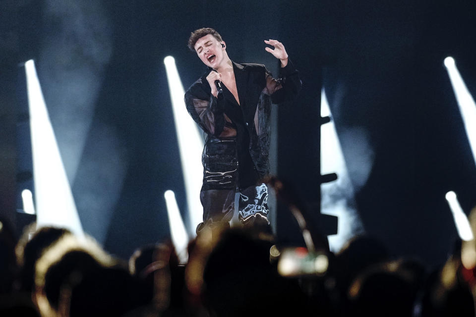 Remo Forrer of Switzerland performs during a dress rehearsel for the first semifinal at the Eurovision Song Contest at the M&S Bank Arena in Liverpool, England, Monday, May 8, 2023. (AP Photo/Martin Meissner)